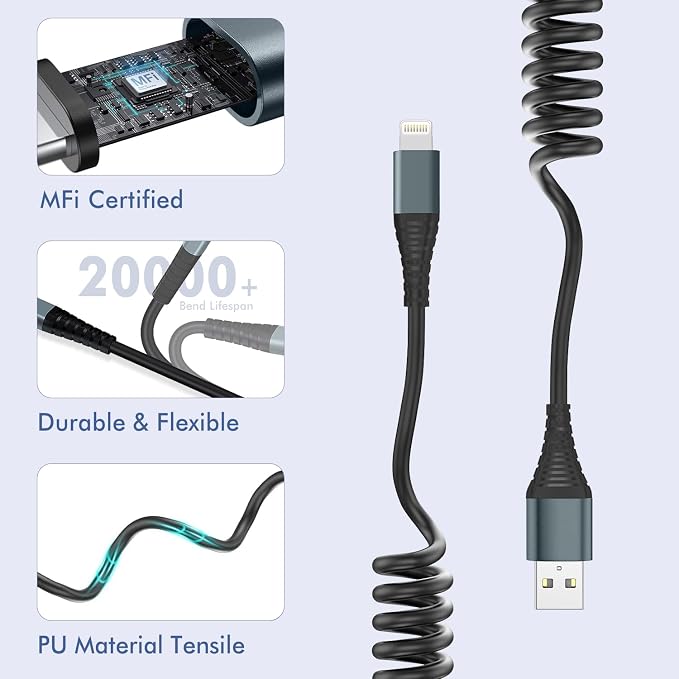 Heartbeats Coiled Lightning Cable 3FT 2 Pack MFi Certified Car iPhone Charger - Image 6