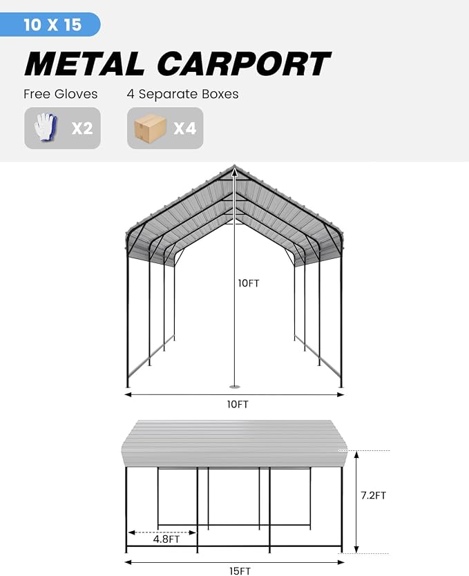 10'x15'x10' Heavy Duty Metal Carport, Steel Carports Canopy - Image 7