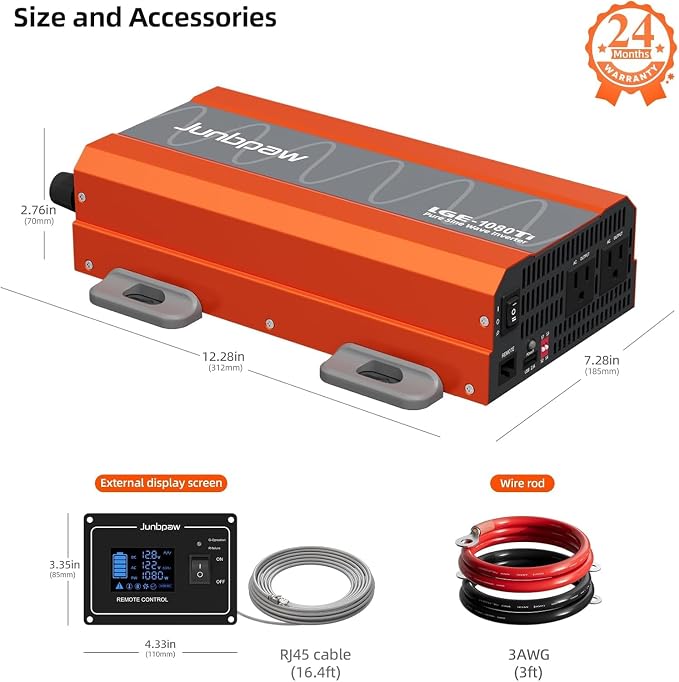1080 Watt Pure Sine Wave Inverter, Remote Monitor Controller 12V DC to 120V AC - Image 3