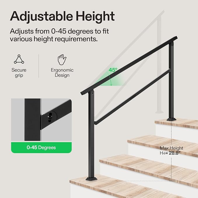 VIVOSUN Outdoor Handrail, 4 Step Stair Handrail, Wrought Mattle Iron Handrail - Image 4