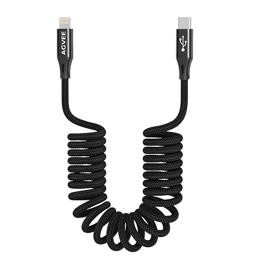 AGVEE 2 Pack 3ft Coiled Short USB-C to Lightning Charging Cable 30W PD Fast by AGVEE