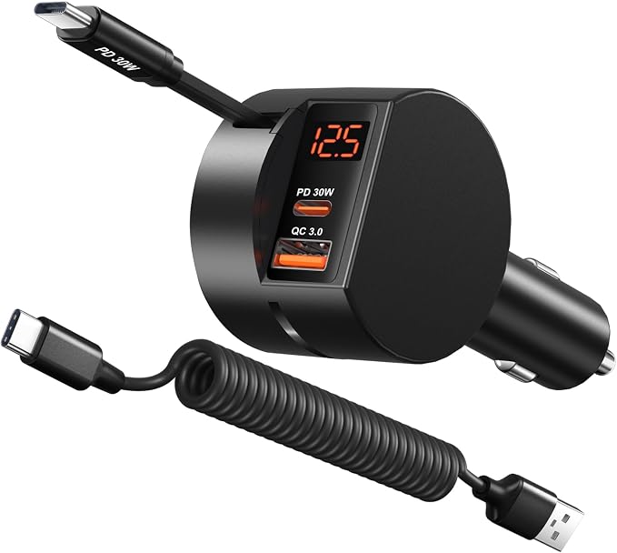 Retractable USB C Car Charger by OKRAY