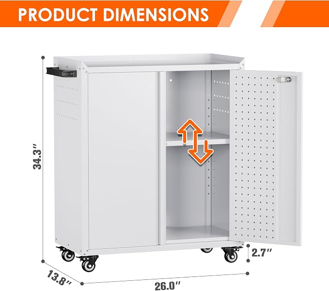 Garage Storage Cabinet with Wheels & Pegboard, 34.3" H Locking Metal Tool - Image 2
