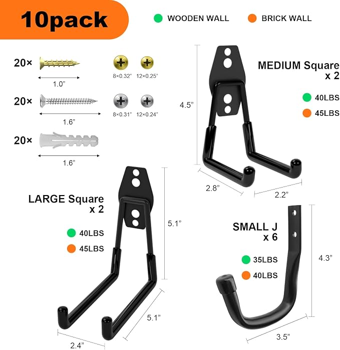 10-Pack Heavy Duty Garage Wall Hooks – Utility J Hooks - Image 2