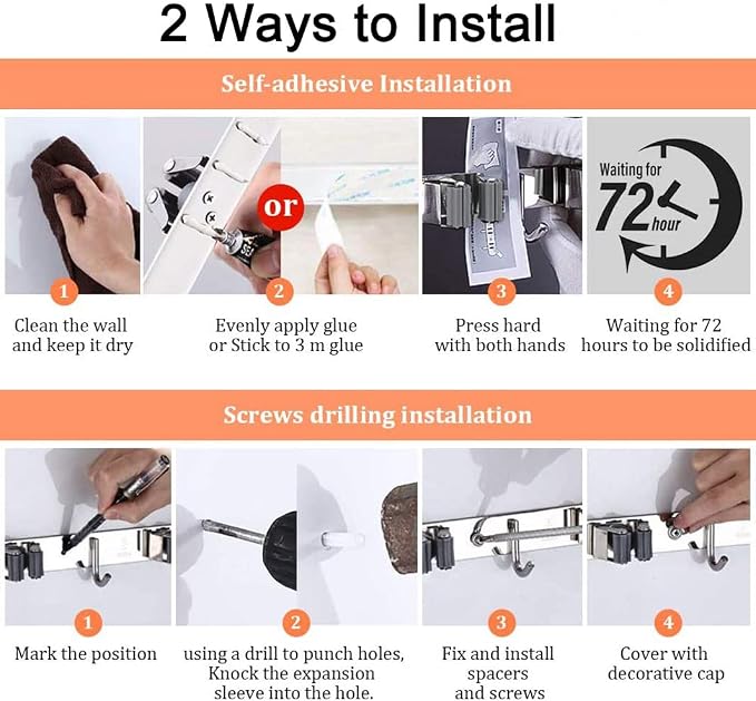 Mop and Broom Holder, 4 Positions 5 Hooks Heavy Duty Mop Hanger Wall Mounted - Image 5