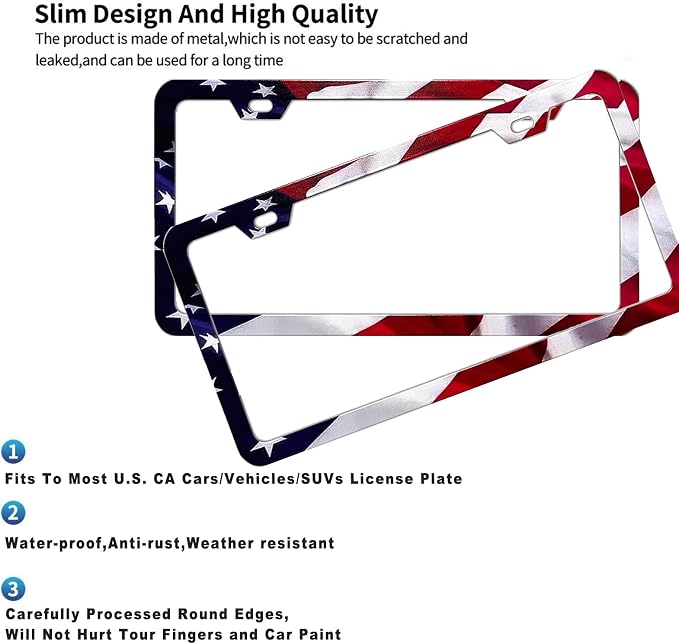 2Pack US Flag License Plate Frames- Heavy Duty Rustproof Flag License Plate Tag - Image 4