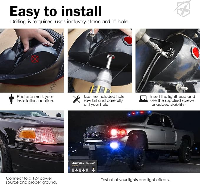 Xprite Red Blue LED Hideaway Strobe Police Lights Kit, 20 Flashing Patterns - Image 6
