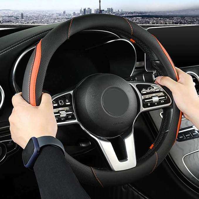 Car Steering Wheel Cover, Leather Steering Wheel Cover Orange Universal 14.5-15 - Image 2