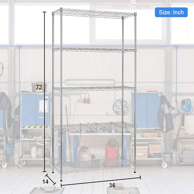 BestOffice 14''Wx36''Dx72''H NSF Wire Shelf Metal 5 Shelf Wire Shelving Unit - Image 3