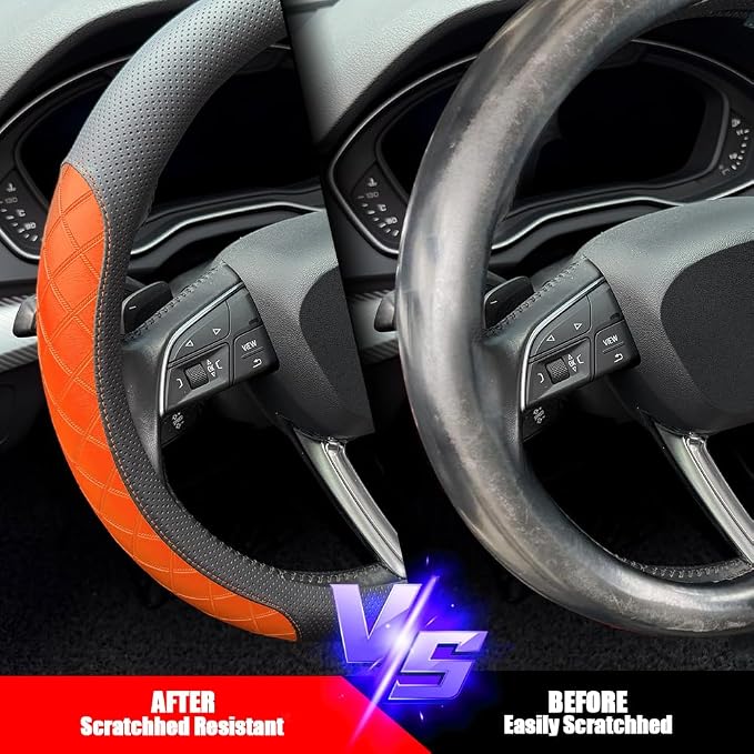 LKWLIKEI Nappa Leather Steering Wheel Cover, Diamond Checkered Design, Non-Slip - Image 5