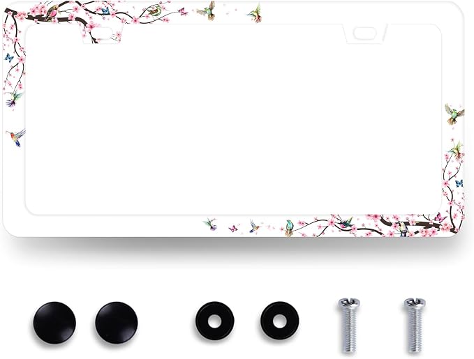 Hummingbird License Plate Frame Cherry Blossom Pink Flower License Plate Holder by MUAWUOIK