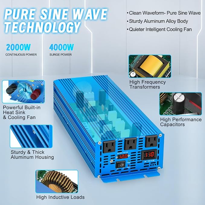 LVYUAN 2000 Watt Pure Sine Wave Inverter 12V to 110V 120V DC to AC - Image 3