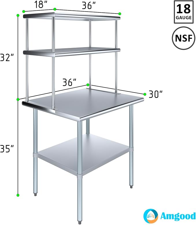 Amgood Stainless Steel Work Table Double Tier Overshelf | Metal Kitchen Prep - Image 3