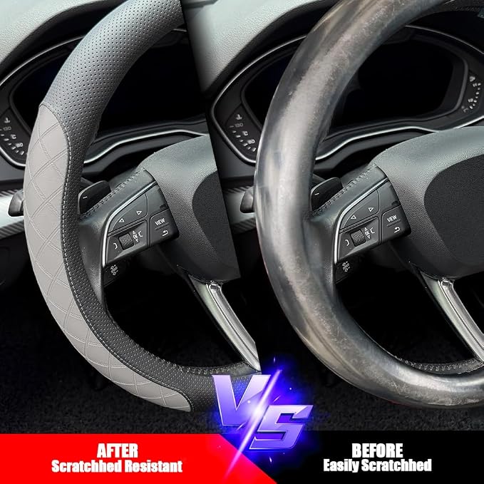 LKWLIKEI Nappa Leather Steering Wheel Cover, Elegant Diamond Checkered Design - Image 5