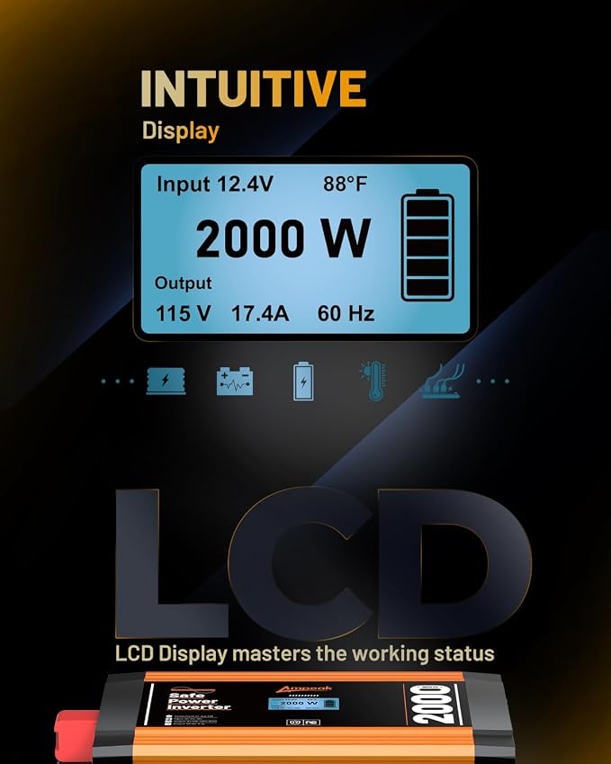Ampeak 2000W Pure Sine Wave Inverter 12V DC to 120V AC LCD Display Power - Image 3