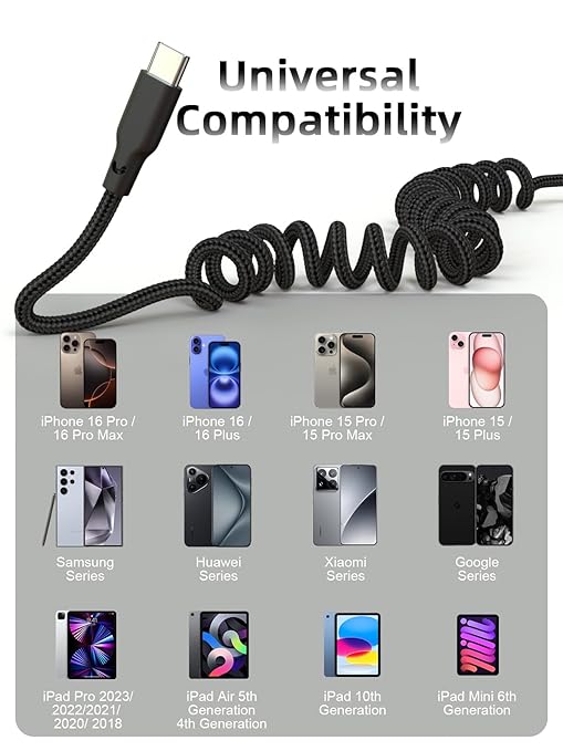 Car Carplay Cable 2Pack 3ft Coiled USB A to USB C Fast Charge Cord - Image 4