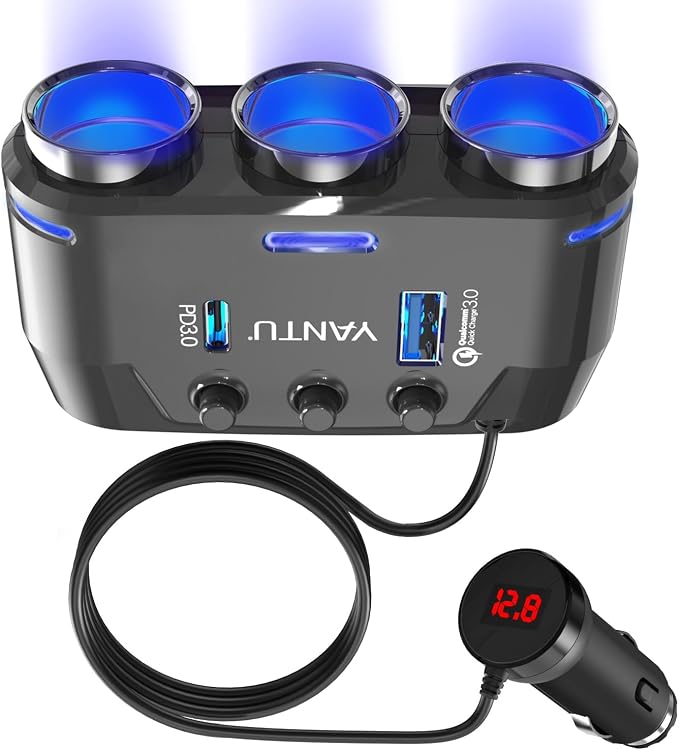 YANTU QC3.0&PD 40W Cigarette Lighter Adapter, 3-Socket 140W Car Cigarette by YANTU