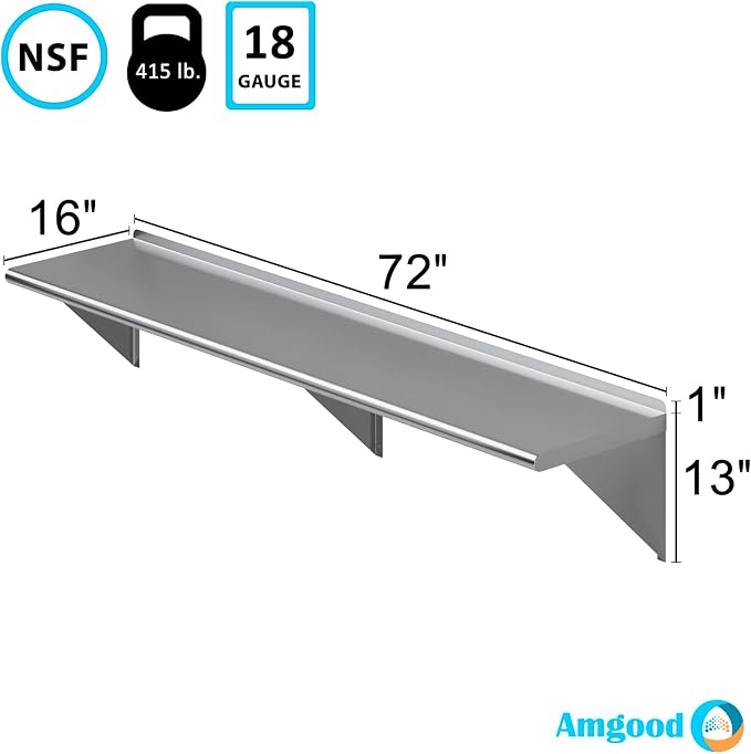 AmGood 72" Long X 16" Deep Stainless Steel Wall Shelf | NSF Certified | - Image 3
