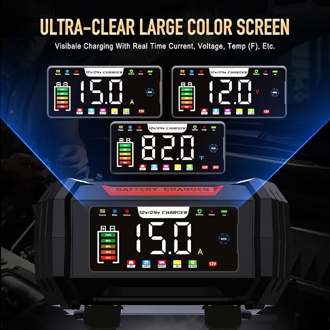15 Amp Battery Charger, 12V 24V LiFePO4 Car Battery Charger 9-Stage Trickle - Image 3