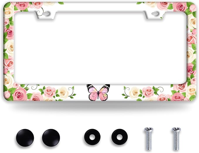 Pink Butterfly License Plate Frame Rose Flowers Floral License Plate Holder by NINANMY