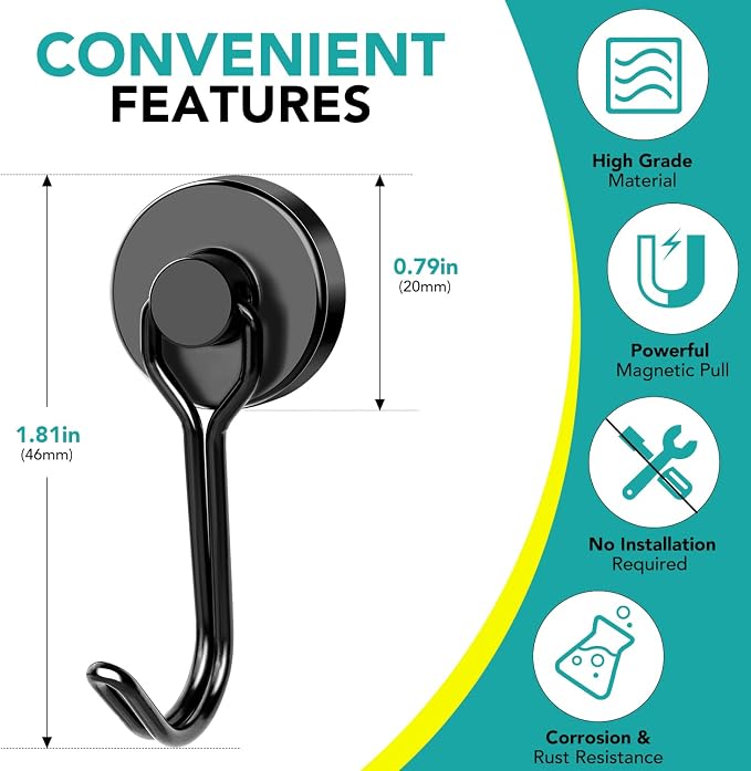 DIYMAG Black Magnetic Hooks, 40LBS Strong Magnetics Heavy Duty, Magnet Hook - Image 2