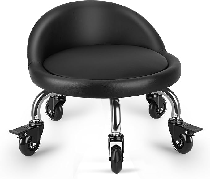 Rolling Stool with Backrest Low Height Rolling Stool with PU Leather, Roller by LWADALN
