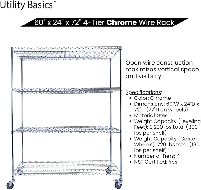 60"x24"x72" PREMIUM METAL STEEL 4-Tier Wire Shelving NSF 3200 LBS MAX Capacity - Image 5
