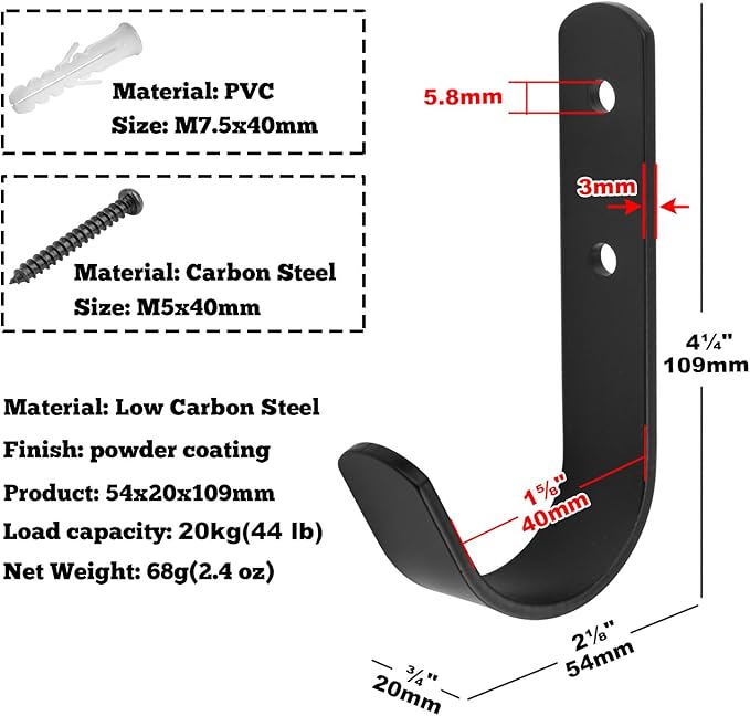 10 Pack Black Steel J Hook, 4-1/4" x 2-1/8" Wall Mount Utility Hook - Image 2