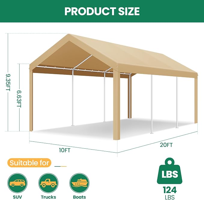 COBIZI Carports 10x20 Heavy Duty Car Tent Garage 2.0, Galvanized Frame Car - Image 5