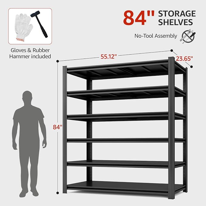 6 Tier Metal Shelving Unit 84" H x 55.12" W x 24" D, 3600LBS Adjustable Storage - Image 3