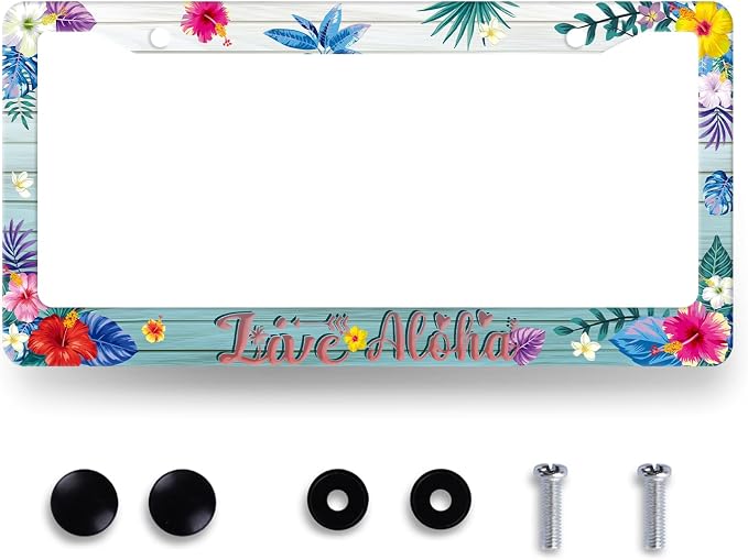 Aloha License Plate Frame Colorful Hibiscus Flowers License Plate Stainless by MUAWUOIK