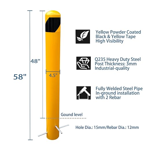 58" Pour in Place Steel Bollard Post, 4-1/2" OD Safety Bollard Yellow Powder - Image 3