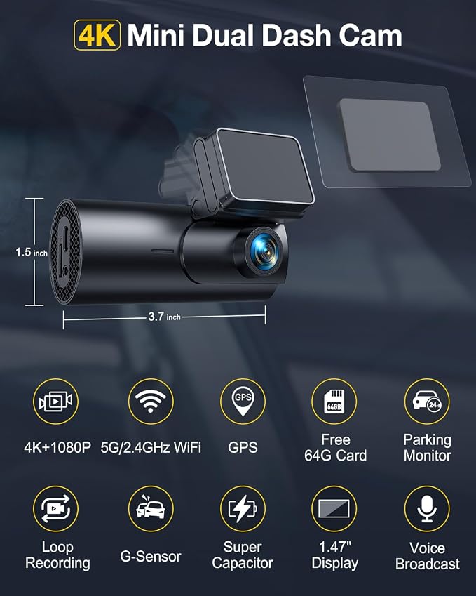 GKU Dash Cam Front and Rear Camera, 5.8GHz WiFi & GPS Dash Camera - Image 2