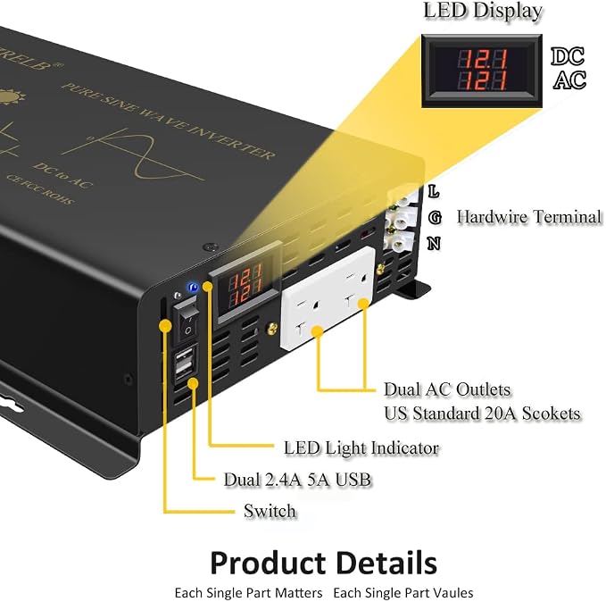 WZRELB 2500W Pure Sine Wave Power Inverter 12VDC to 120VAC 60HZ Dual AC Outlets - Image 4