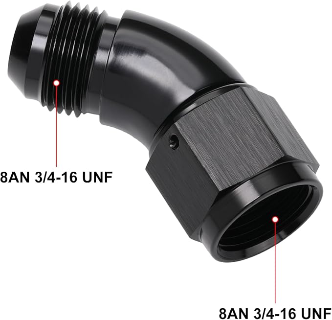 45 Degree 8AN Male to 8AN Female Swivel Full Flow Fitting Adapter Coupler - Image 2