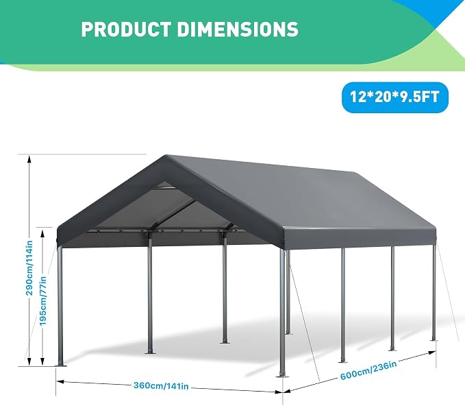 12X20 Ft Heavy Duty Carport Canopy, Portable Garage, Car Tents, Reinforced - Image 2