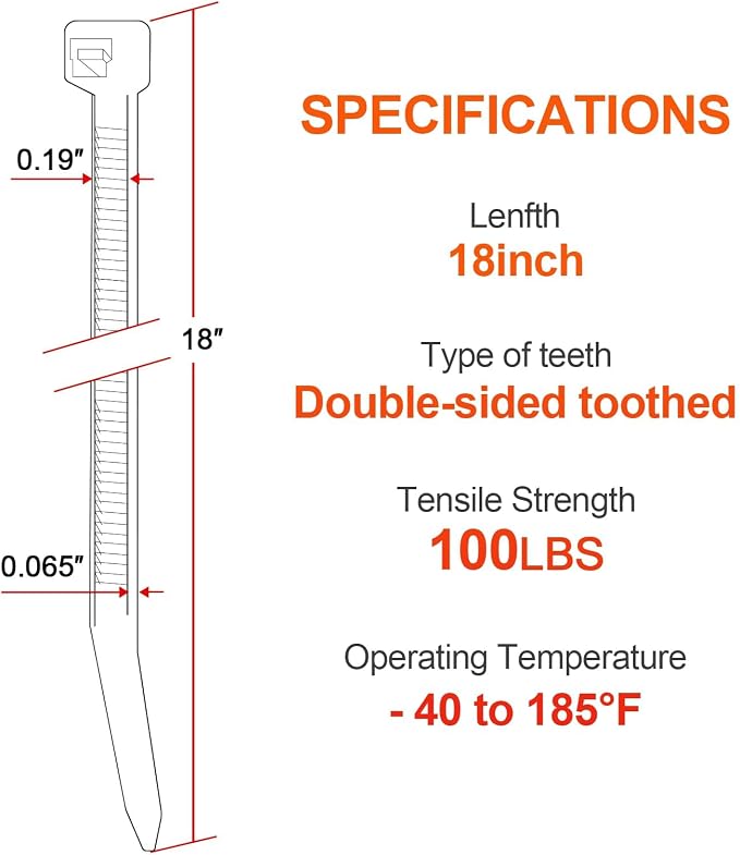 18 Inch Zip Ties Double Sided Toothed, 100 LBS Tensile Strength Heavy Duty - Image 2