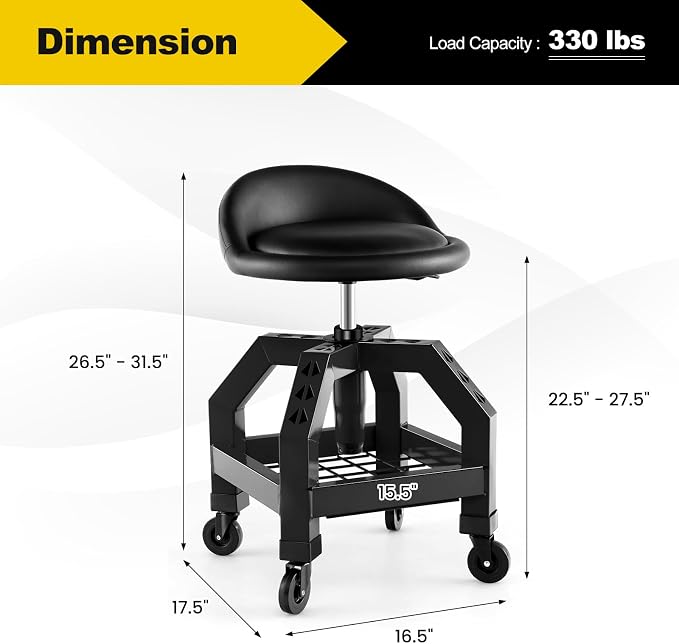 Goplus Rolling Garage Stool, 22.5”-27.5” Adjustable Mechanic Chair - Image 3