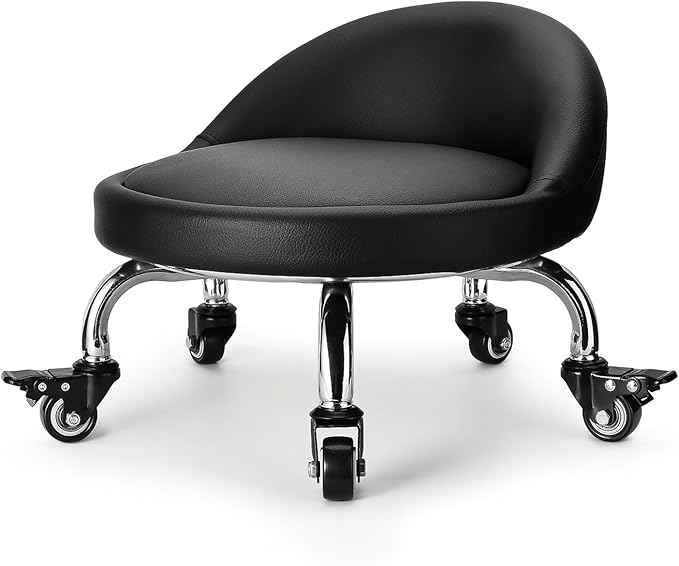 Rolling Stool with Backrest Low Height Rolling Stool with PU Leather, Roller by LWADALN