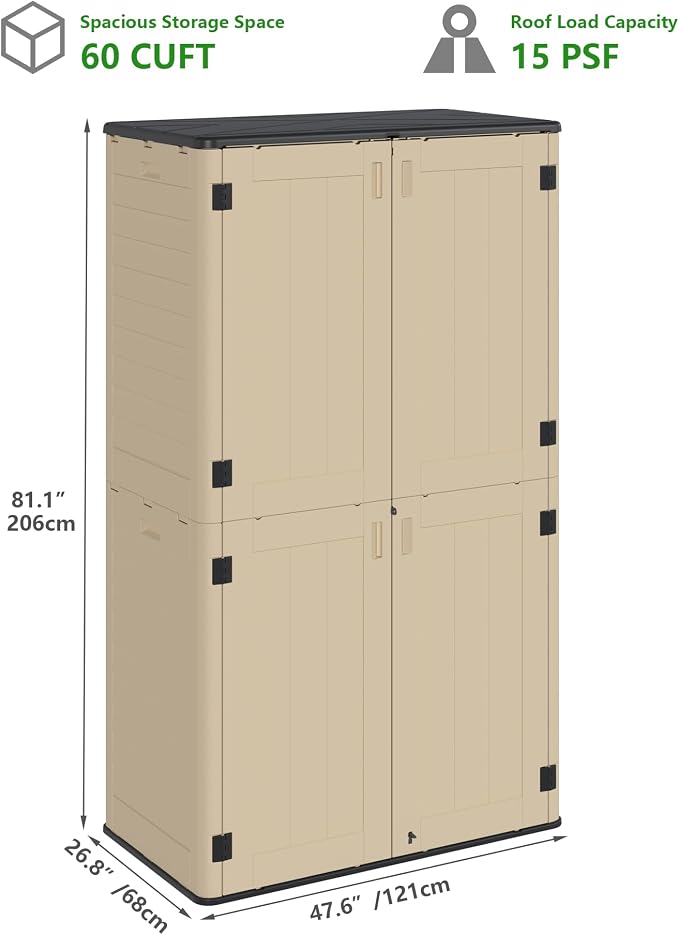 60 Cu.Ft Vertical Outdoor Storage Shed, Weatherproof Outdoor Tall Cabinet - Image 2