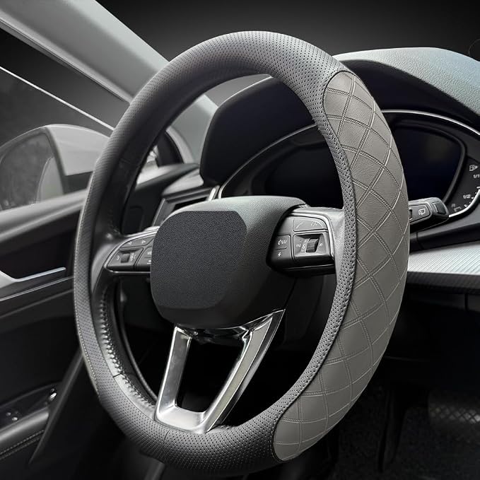 LKWLIKEI Nappa Leather Steering Wheel Cover, Elegant Diamond Checkered Design by LKWLIKEI