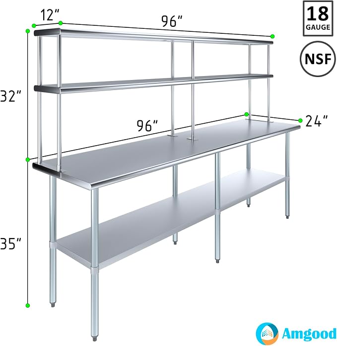 Amgood Stainless Steel Work Table Double Tier Overshelf | Metal Kitchen Prep - Image 3