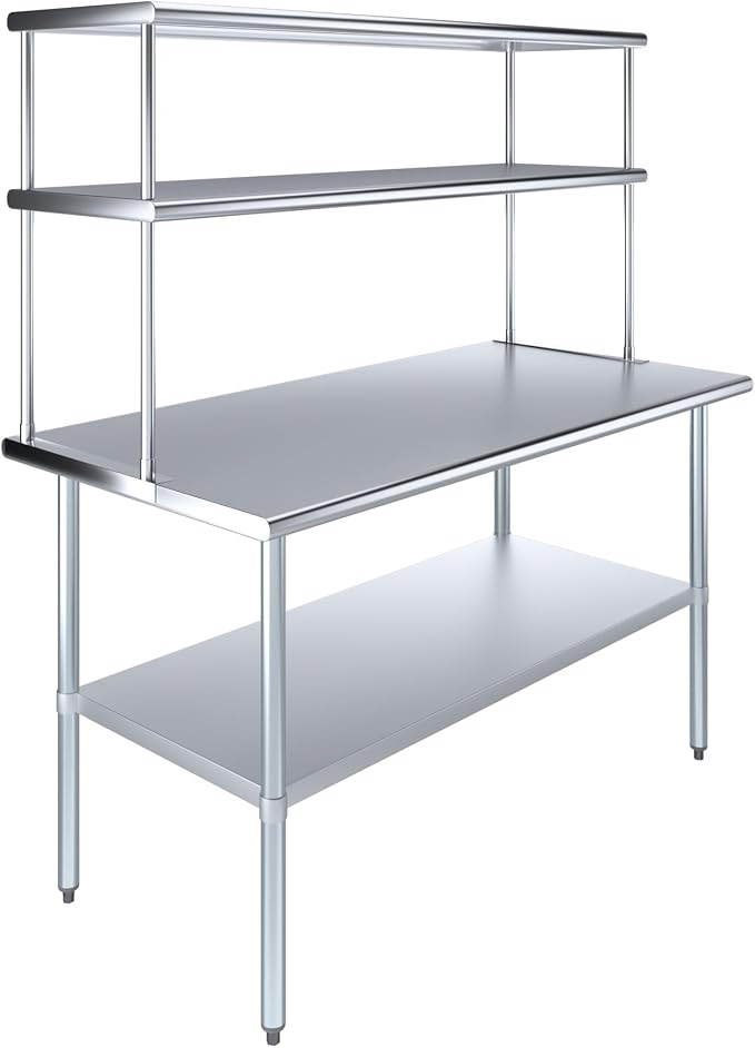 Amgood Stainless Steel Work Table Double Tier Overshelf | Metal Kitchen Prep by AmGood