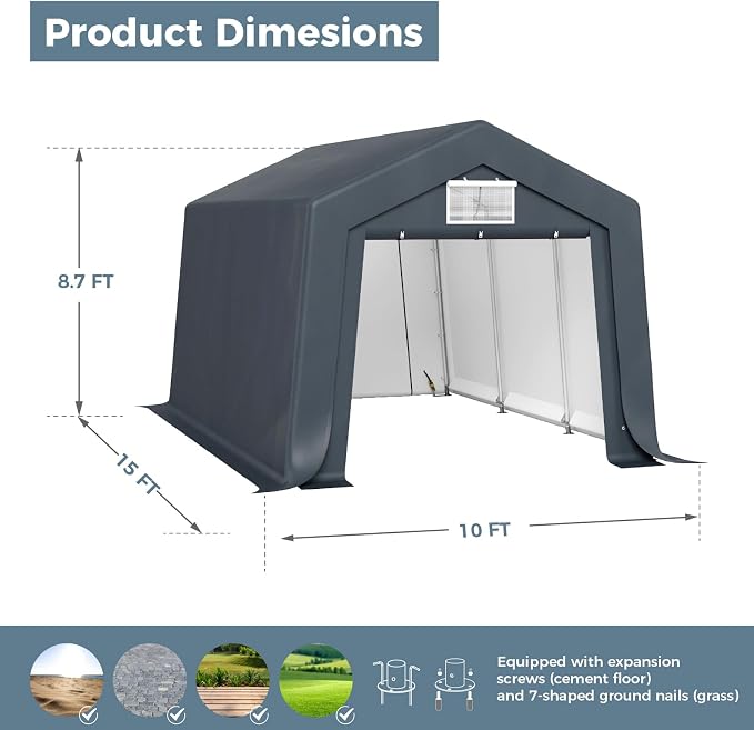 GREEN PARTY Storage Shelter Shed, 10x15 ft Portable Shed Outdoor Carport - Image 6