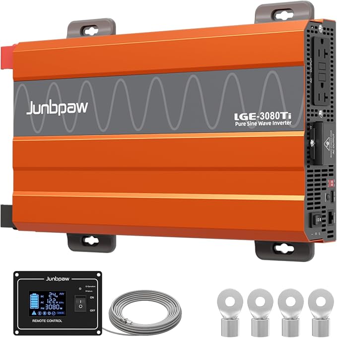 3080W Pure Sine Wave Inverter, 24V DC to 110V/120V AC, 9000W Peak, 5V/2.1A USB by Junbpaw
