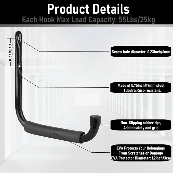 Heavy Duty Steel Garage Storage Hooks, 9.5Inches Jumbo Arm Ladders Utility Rack - Image 3