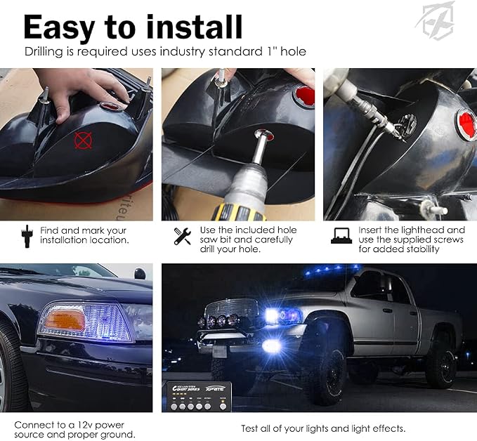 Xprite Blue LED Hideaway Strobe Police Lights Kit, 20 Flashing Patterns - Image 6
