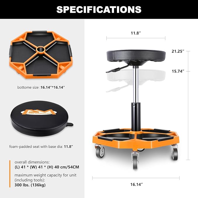 PM PERFORMOTOR Adjustable Height Pneumatic Garage Seat Rolling Mechanic Stool - Image 3