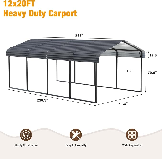 EBE 12 x 20 FT Metal Carport, Heavy Duty Carports - Image 2