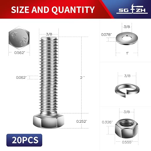 3/8-16 x 2" Hex Head Screw Bolt, Flat & Lock Washers, Fully Threaded, by SG TZH - Image 2